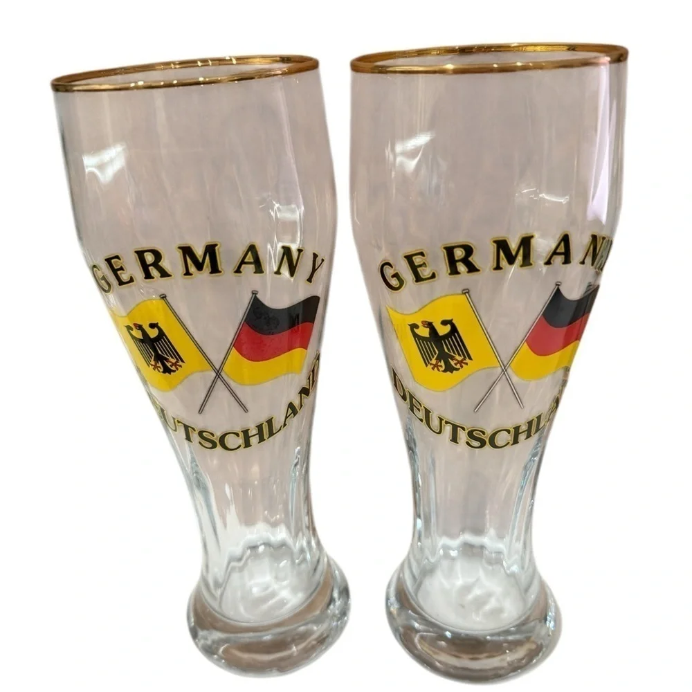 Tall Beer Glass Swirl Germany Deutschland With Gold Trim Set of 2-9 inch